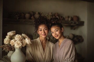 Two smiling women pose together in a warmly lit room featuring rustic pottery and delicate flowers.