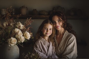 Mother and daughter share a warm, intimate portrait near a rustic floral arrangement