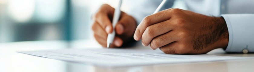 Naklejka premium Business professional signing a document, close-up of hands and pens, shallow depth of field, blurred background, focus on action and detail. Deal, Contract