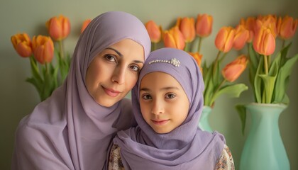 Mother and daughter wearing lavender headscarves pose affectionately with orange tulips in the background.