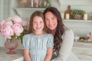 Mother and daughter pose together smiling warmly beside a large bouquet of pale pink flowers