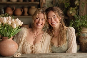 Two smiling women with long hair pose closely together indoors near a vase of flowers
