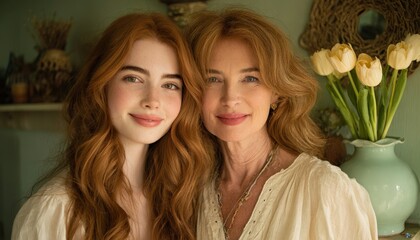 Two women with vibrant red and blonde hair smile warmly while posing closely together indoors