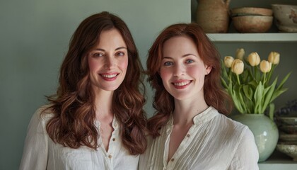 Two smiling women with long wavy hair pose together indoors near a shelf decorated with a vase of pale yellow flowers and pottery.