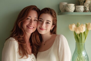 Mature woman and young woman embrace closely with genuine smiles indoors