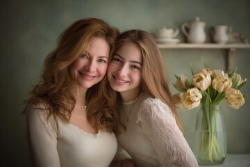 Adult woman and young girl pose closely together with a vase of flowers nearby