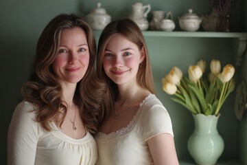 Two females smile warmly while posing together in an indoor setting with decorative ceramics and flowers.