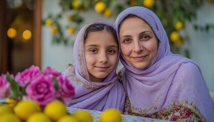 Mother and daughter wearing traditional headscarves pose outdoors near vibrant flowers and fruit.