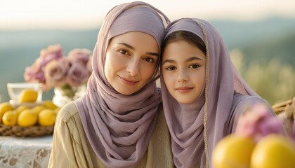 Two females wearing head coverings share a gentle moment outdoors near a table setting.