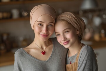 Two females wearing head coverings smile warmly while embracing indoors