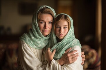Mature woman and young girl embrace while both wear light colored head coverings