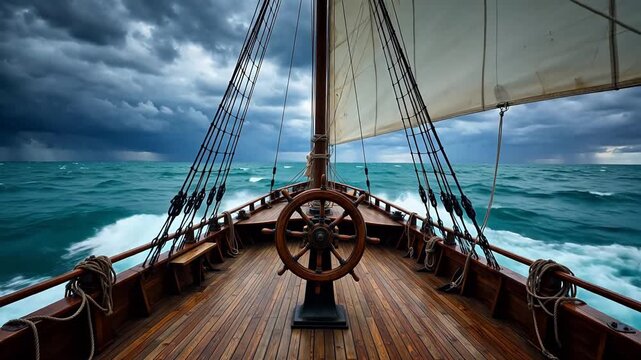 Sailing ship deck in stormy sea
