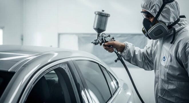 Professional auto body technician painting car in modern workshop