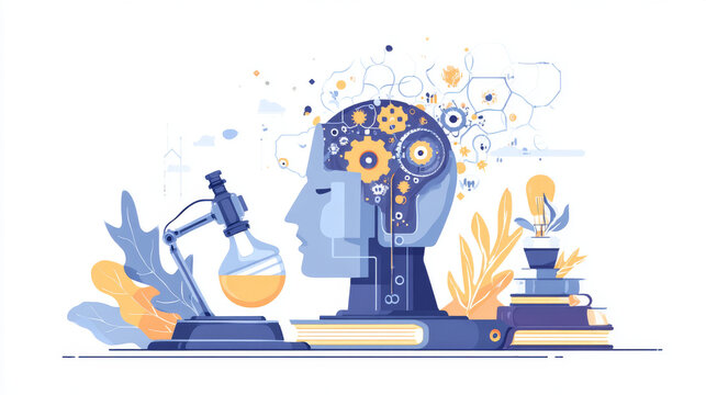 Concept of brain work. Development of artificial intelligence. Pumping of cognitive skills, improve of knowledge, learning. Mind inside human head. Mental processes, memory. Flat vector illustration