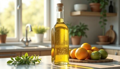 Olive oil bottle with a natural ambiance and fresh fruits on a kitchen countertop