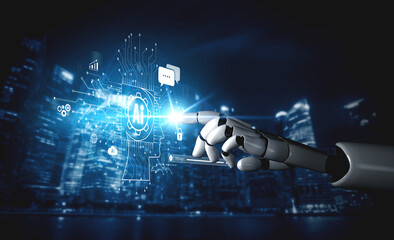 Fototapeta premium AI Virtual Assistant Artificial Intelligence Chatbot Controlled by Prompt Engineering for Explainable Generative AI information and LLM Deep Learning Technology for Smart Business Work Support. Vouch