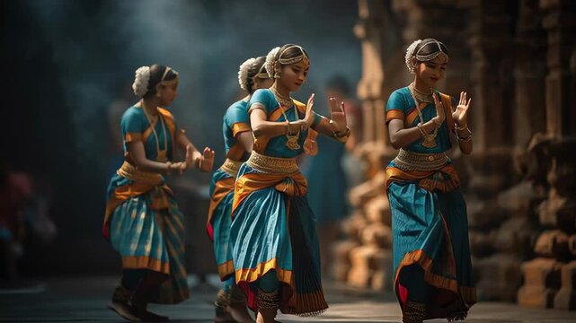 Indian classical dancers performing traditional temple dance in cultural costumes, heritage and spiritual art concept