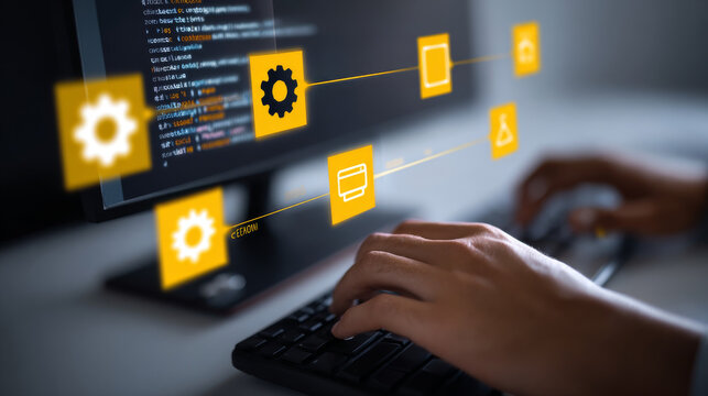 DevOps concept, software development, IT operations, agile programming, Concept with dev ops icon on computer screen and project manager, coder or sysadmin typing on keyboard, high software quality