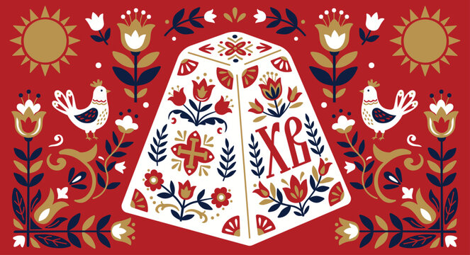 Traditional Ukrainian Easter greeting card in folk art style. Features a white Paska cake with floral ornaments, hens, and sun symbols on a vibrant red background. Flat vector illustration.