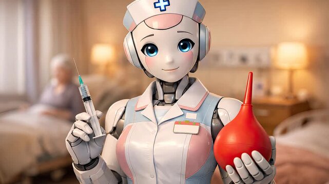 Humanoid caregiver nurse robot presenting a medical syringe and an enema kit, standing in a hospital room with a blurred patient in the background, representing future healthcare technology