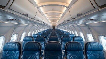Pristine Empty Airplane Cabin Interior with Blue Leather Seats