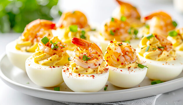 Cajun spiced deviled eggs with shrimp, party platter, macro shot. AI