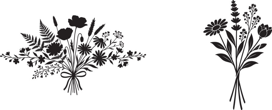 Minimalist Hand Drawn Botanical Floral Silhouette Bouquet Vector
