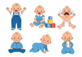 Illustrations of various baby poses and expressions with building blocks nearby high quality professional detailed modern