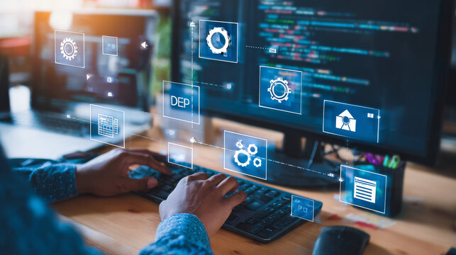 DevOps software development and IT operations programer development concept with dev and ops icon computer screen project manager operation sysadmin.working in agile methodology environment