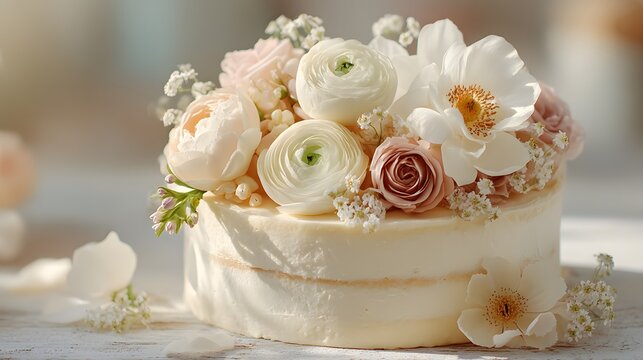 A white cake with flowers on top