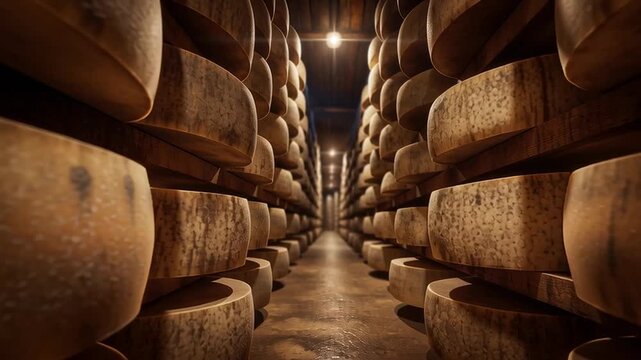 Cheese wheels aging on shelves in storage cellar, dairy production and food industry concept