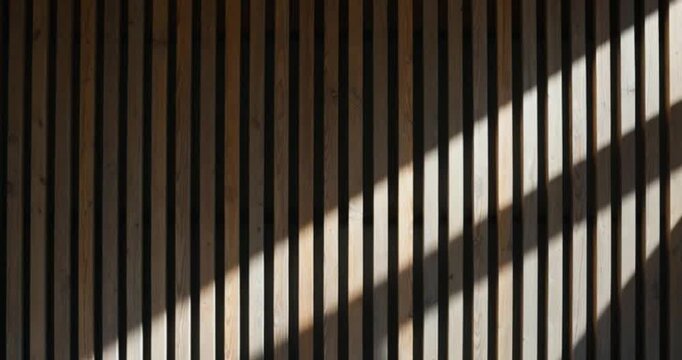 minimalist background of vertical wooden slats with diagonal sunlight and shadows. generated with AI