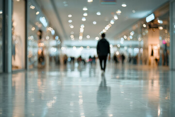 Fototapeta premium Blurred image of a person walking through a brightly lit modern shopping mall corridor with reflective flooring and scattered shoppers in the background