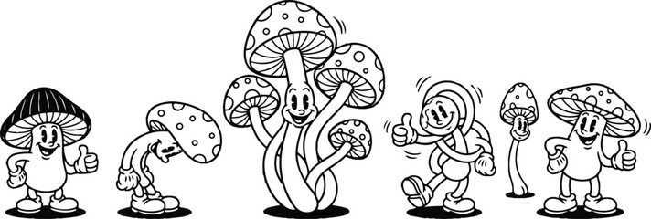 Retro cartoon lineup of smiling mushroom characters giving thumbs up walking and posing in playful parade low angle close up