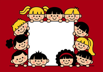 A group of cartoon children peeking around a blank white frame on a red background