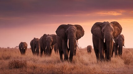Fototapeta premium A wide banner view of elephants moving across the African savannah at sunset
