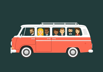 A brightly colored vintage van is filled with a diverse group of smiling people high quality © Meem