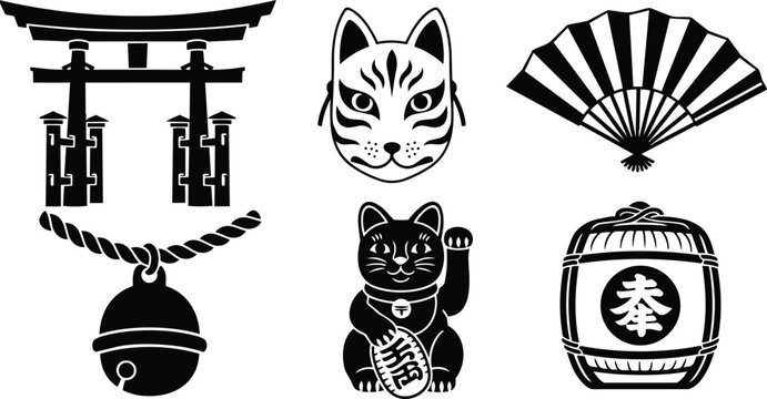 Japanese woodcut style icons torii gate kitsune mask maneki neko raised paw folding fan sake barrel hanging bell minimalist monochrome
