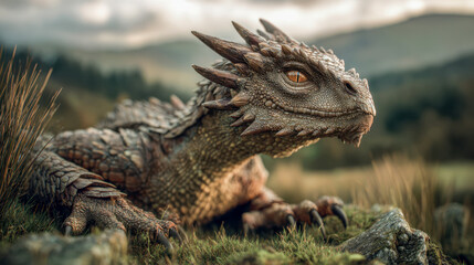 Obraz premium Detailed fantasy creature resembling a dragon resting on grass with sharp scales and amber eyes in a natural outdoor landscape setting