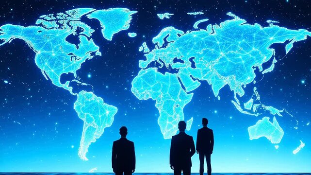 Three people viewing a digital world map