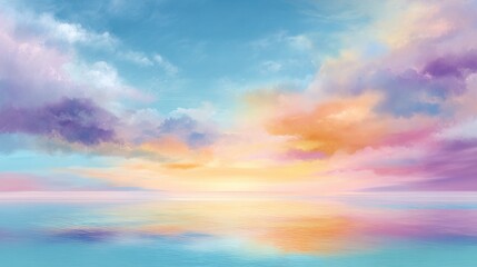 Obraz premium Serene Sunset Over Calm Waters with Colorful Clouds Reflecting on a Tranquil Ocean Surface at Dusk Creating a Peaceful Atmosphere for Relaxation