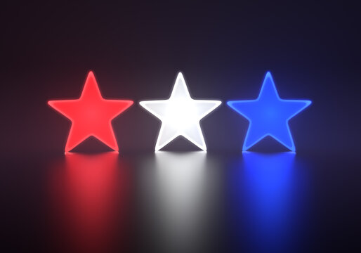 Three Brightly Shining Red, White and Blue Stars on a Dark Background