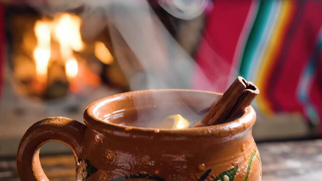 Steaming Mexican ponche in clay mug by fireplace 4K Video