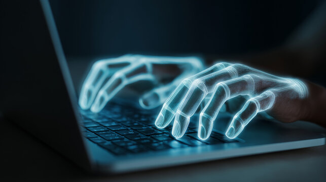 Closeup of hands on laptop keyboard with glowing AI interface, futuristic tech style, blurred background, concept of artificial intelligence