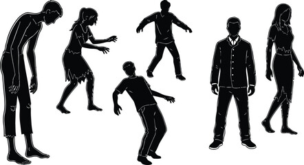 Obraz premium Vector silhouette zombie group in varied poses reaching shuffling standing and walking isolated white background high contrast halloween horror night