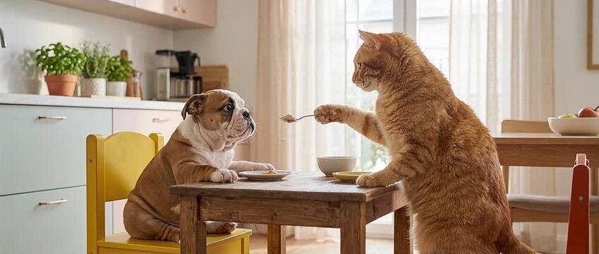 Cinematic shot of a cozy, sunlit kitchen where a ginger cat stands by a rustic wooden table, gently feeding a spoonful of food to a curious English bulldog puppy sitting on a bright yellow chair