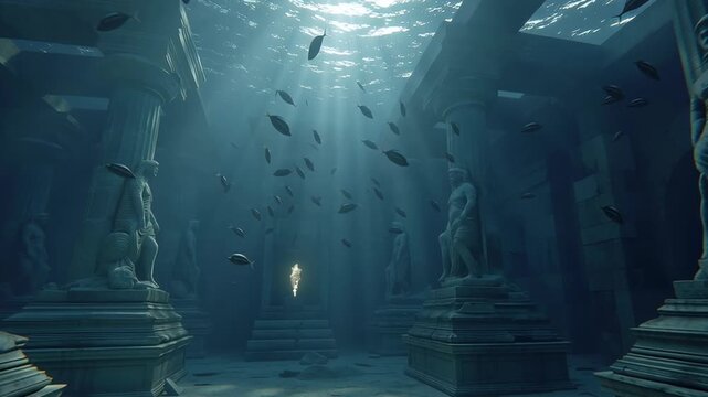 Underwater ancient Greek temple ruins with stone statues and columns surrounded by fish, mystical lost civilization and mythology concept