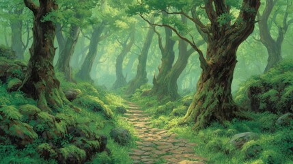 Fototapeta premium Serene and Lush Green Forest Pathway Surrounded by Ancient Trees and Vibrant Nature Under Soft Sunlight in Tranquil Wilderness Setting