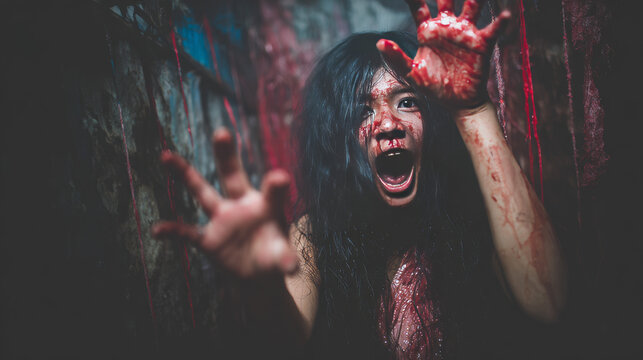 Zombie woman death the ghost horror drain hand blood skin is screaming darkness and nightmare background of scary fear on hell is monster devil girl in halloween festival concept,copy space the left.