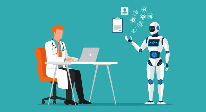 A doctor is working on a laptop at a desk, interacting with a standing humanoid robot presenting healthcare-related icons.